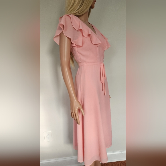 NEW LOOK SOFT PINK RUFFLES CRISS CROSS OPEN BACK WRAP STYLE MIDI DRESS US.6 NWOT - Picture 8 of 13